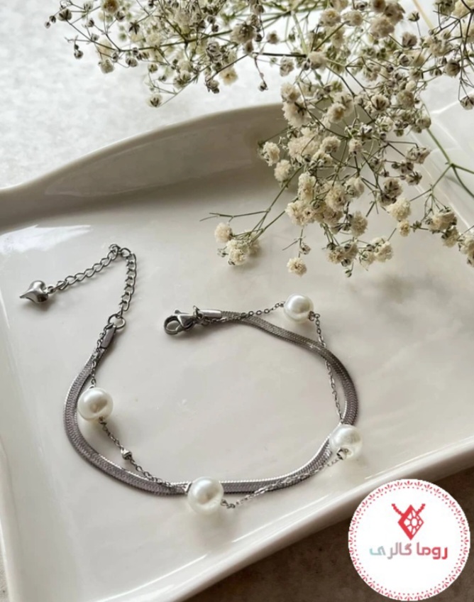 دستبند دولاین ماری مرواریدی نقره ای